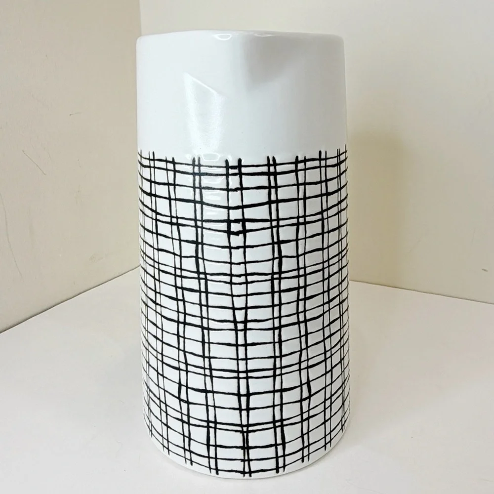 Pier 1 Imports Retired Ceramic Pitcher MCM Retro Off White Black Cross Hatch